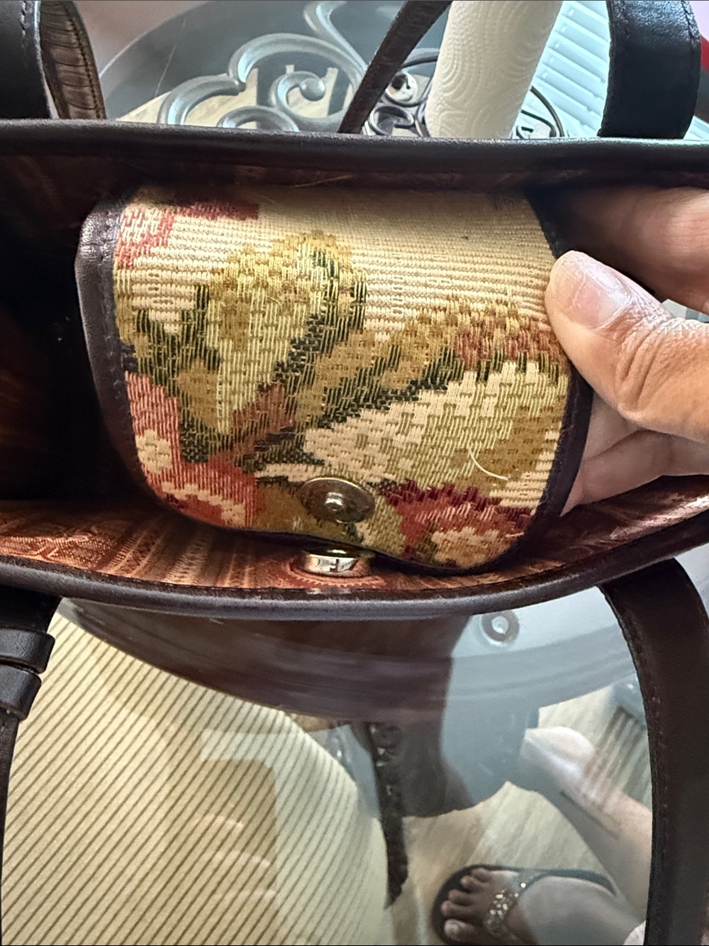 Brighton Brown Croc-Trim Floral Tapestry Shoulder Bag with Burgundy Accents - Picture 6 of 7